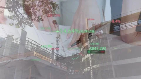 Reviewing hands with light sleeves manipulating plans on construction site, with Stock Footage 332315414