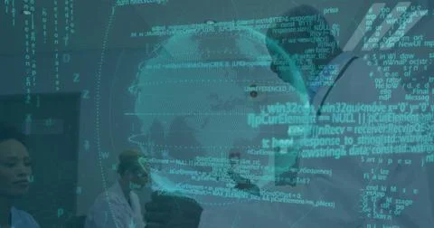 Reviewing IT team collaborating at table in conference room, with digital globe Stock Photos