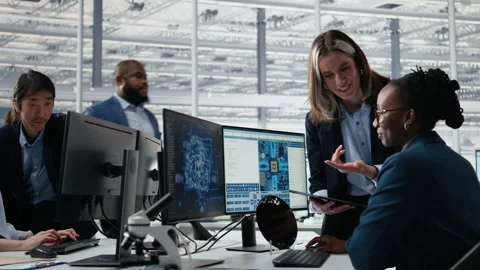 Reviewing microchip production, AI technology and smiling men with women Stock Footage 335879505