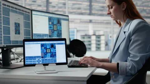 Reviewing microchip production, devices app and female technician in factory Stock Footage 335880540