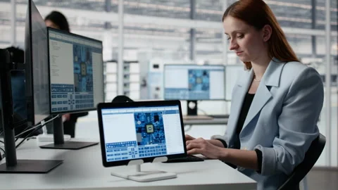 Reviewing microchip production, devices app and female technician in factory Stock Footage 335882363