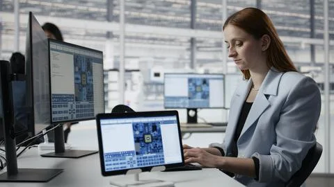 Reviewing microchip production, devices app and female technician in factory Stock Photos
