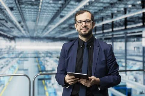 Reviewing microchips factory analytics, tablet and portrait of smiling man 写真素材