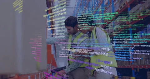 Reviewing plans, construction workers with animation overlay of programming code Stock Footage 304077200
