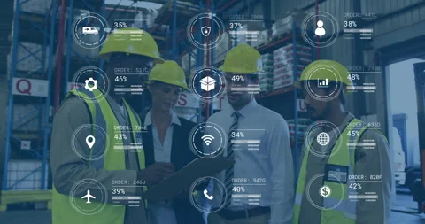 Reviewing plans with digital data analytics animation, construction workers Stock Footage 305293236