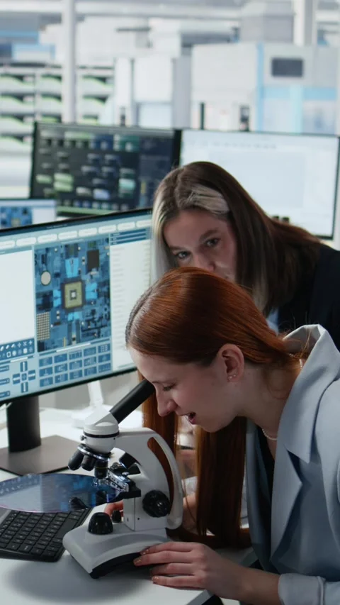 Reviewing semiconductor substrate structures, microscope and woman in office Stock Footage 335882995