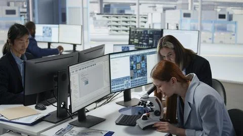 Reviewing semiconductor substrate structures, microscope and woman in office Fotos de archivo
