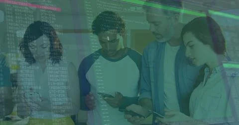 Reviewing six developers debugging projected code on glass wall at office, with 库存照片