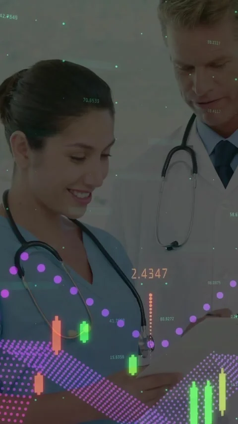 Reviewing tablet data, medical professionals with financial stock market Stock Footage 342015714