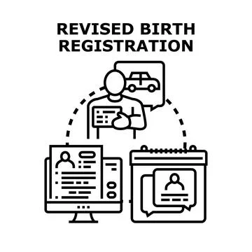 Revised birth registration concept process with official documents Stock Illustration