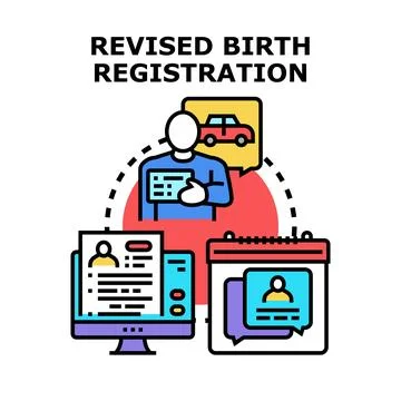 Revised birth registration concept process with official documents Stock Illustration