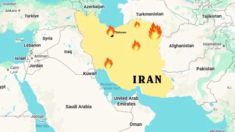 Revolution in Iran. Map of Iran with lights in cities experiencing conflict Video stock 326206590