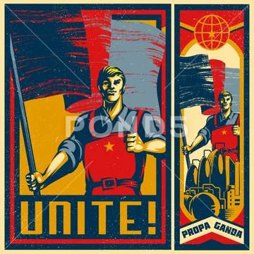 Vector vintage revolution poster. Propaganda Logo Background Style  Revolution raising The Flag. Stock Vector