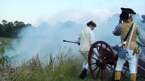 Revolutionary War era American Cannon FIRES on Battlefield Stock Footage 133533053