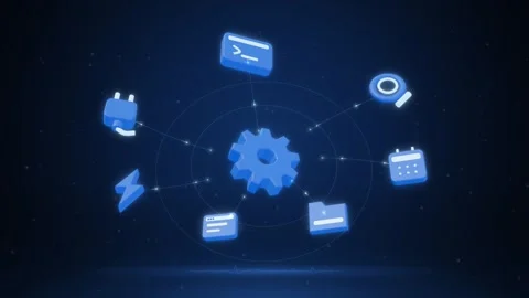 Revolving depth ring of api tool icons circling a glowing gear core seamless Vídeo Stock 342759520