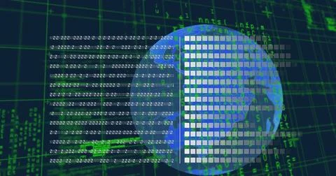 Revolving globe in data environment, with white square blocks, binary code, Stock Photos