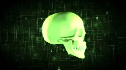 Revolving green skull on moving background Stock Footage