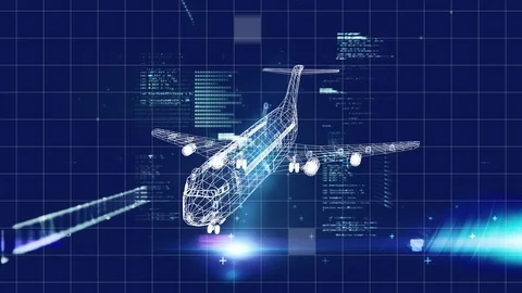 Revolving plane model with data and on blue background Stock Footage 114805944