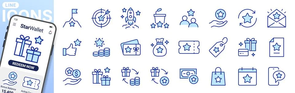 Reward and loyalty program icon set with stars, gifts, rocket, achievements 스톡 일러스트