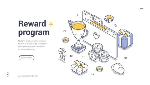Reward program concept with icons including a trophy, coins, and gift boxes.  스톡 일러스트