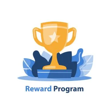 Reward program, winner golden cup with a star, competition trophy, big accomp Stock Illustration