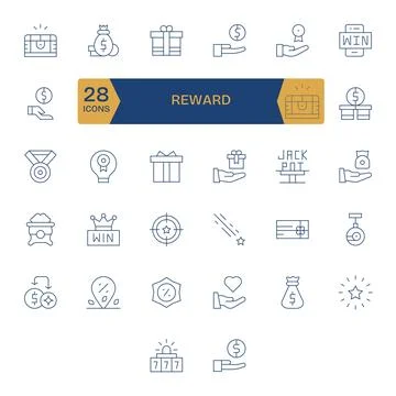 Reward Vector Icon Collection with 32 256x256 Thin Line Designs Illustrazione stock