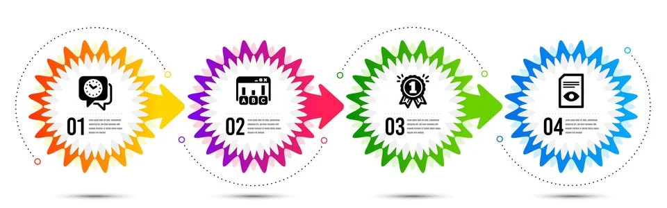Reward, View document and Clock icons set. Survey results sign. First place Stock Illustration