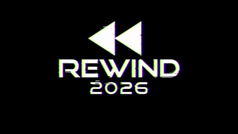 Rewind 2026 Glitch Text Animation with Rewind Icon, VHS Distortion and RGB Stock Footage 346861972