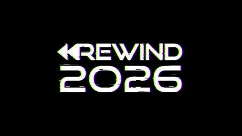 Rewind 2026 Text Animation with VHS Static and RGB Chromatic Aberration Stock Footage 346862048
