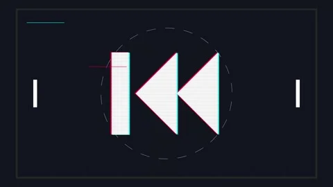 Rewind button with digital glitch effect and geometric shapes on dark backg.. Stock Footage 345554508
