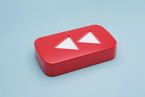 Rewind button, red, 3D render, blue background, video playback Stock Illustration