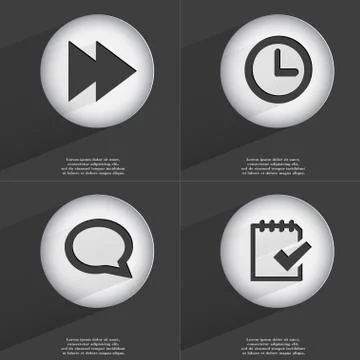 Rewind, Clock, Chat bubble, Task completed icon sign. Set of buttons with a flat Illustrazione stock