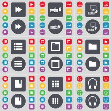 Rewind, Keyboard, PC, List, Window, Folder, Dictionary, Apps, Headphones icon sy Stock Illustration