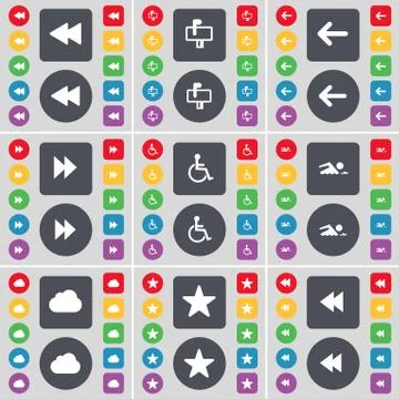 Rewind, Mailbox, Arrow left, Disabled person, Swimmer, Cloud, Star icon symbol. 스톡 일러스트