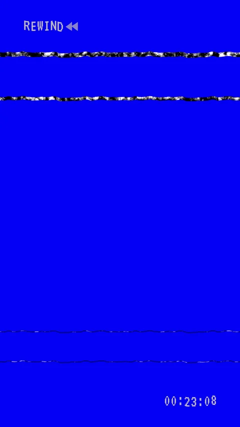 Rewind vertical VHS with timer and line distortion on blue background Video stock 313649475