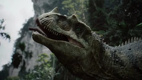 Rex dinosaur devours prey in dense prehistoric jungle, close up Stock Footage 334002391
