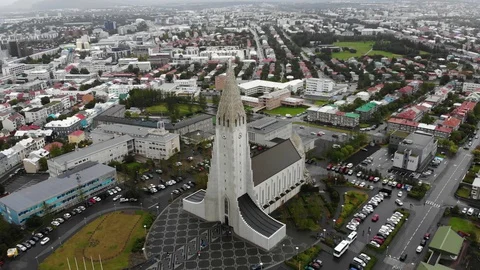 Reykjavik, Iceland - Drone aerial view around famous Hallgrimskirkja church Stock Footage