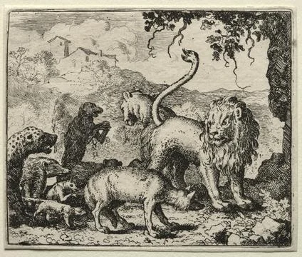 Reynard the Fox: First Complaint of the Wolf, 1650-75. Allart van Everdinge.. Stock Illustration