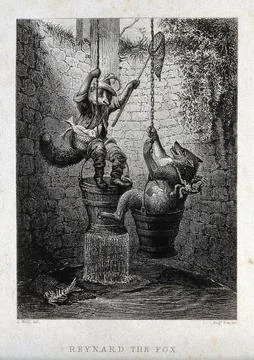 Reynard, the fox is lowering himself into a well by sitting on the well-buc.. Stock Illustration