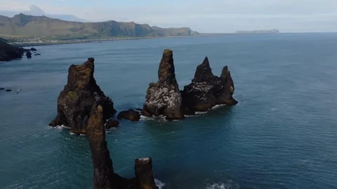 Reynisdrangar Sea Stacks Off Vik i Myrdal Coast in Iceland Stock Footage 296555448