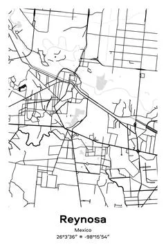 Reynosa, Mexico - vector map of city in Black, white, gray, BW colors Stock Illustration