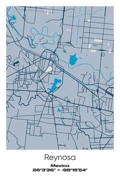 Reynosa, Mexico - vector map of city in Blue, Gray, Yellow, Olive colors Stock Illustration
