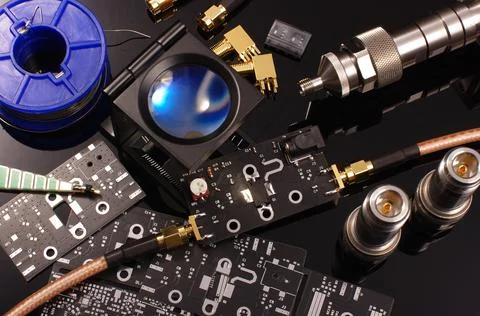 RF PCB and equipment for testing and measurements isolated Stock Photos