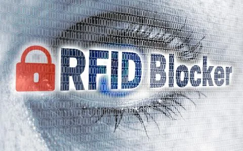 RFID blocker eye with matrix looks at viewer concept Stock Photos