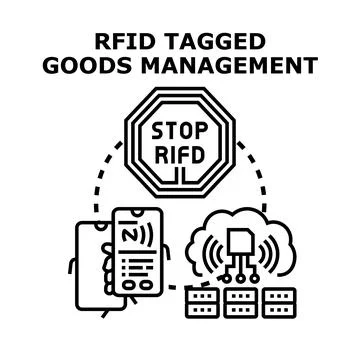 Rfid control system managing tagged goods data Stock Illustration