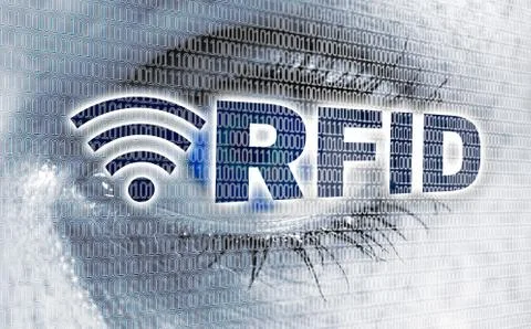 RFID eye with matrix looks at viewer concept Stock Photos