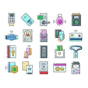 Rfid key access card security technology system icons Stock Illustration