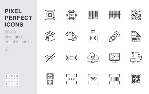 RFID, qr code, barcode line icon set. Price tag scanner label reader Stock Illustration