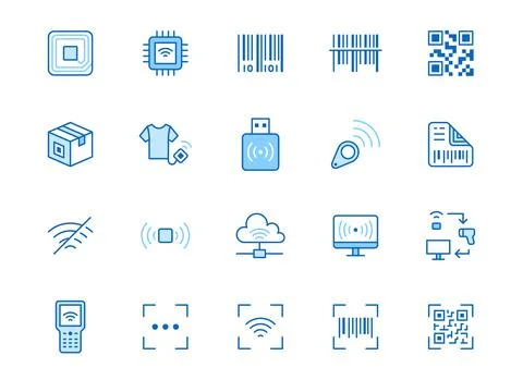 RFID, qr code, barcode line icon set. Price tag scanner, label reader Stock Illustration