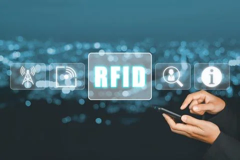 RFID, Radio frequency identification concept, Person using laptop computer .. Stock Photos